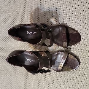 *NEW* HYPE "Blanca" Brown&Green Embossed Leather Buckle Heeled Sandals *Y2K* 8.5